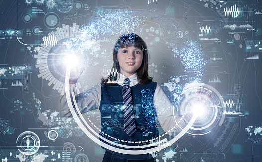 Female Student with Visions of Technology Swirling Around Her